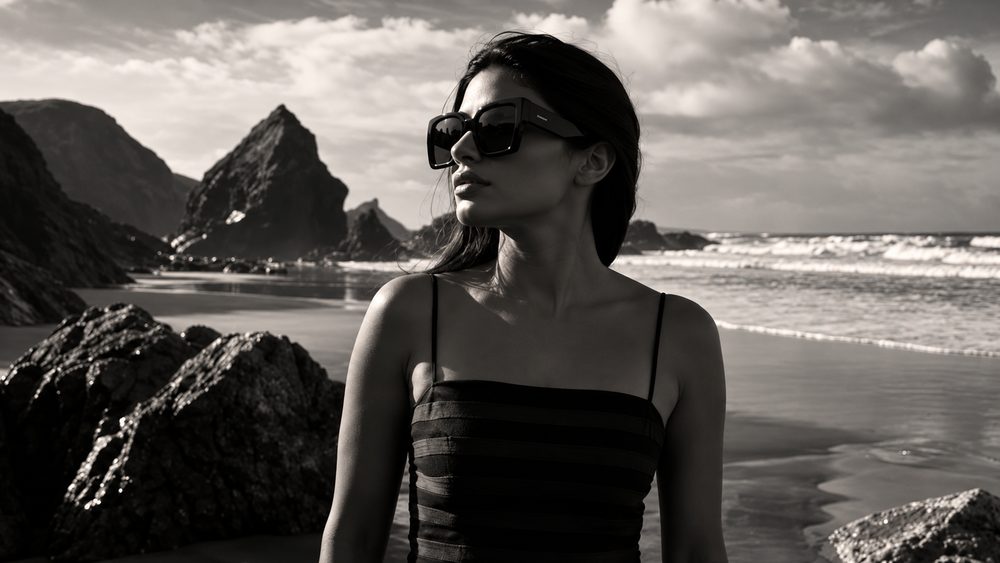 Aria Vantara in oversized sunglasses on a rocky beach, black and white
